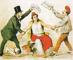 Caricatura de la revista satírica La Flaca del 3 de marzo de 1873 sobre la pugna entre los radicales, que defienden la república unitaria, y los republicanos federales que defienden la federal