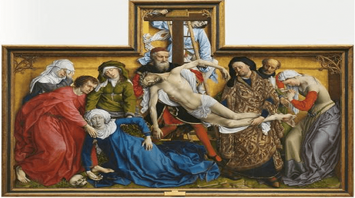 El Descendimiento, Rogier van der Weyden, 220 cm x 262 cm, h. 1435. Madrid, Museo Nacional del Prado