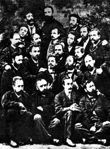 Grupo de fundadores de la Primera Internacional, en Madrid, en octubre de 1868. Fanelli aparece en el centro arriba del todo con una larga barba.