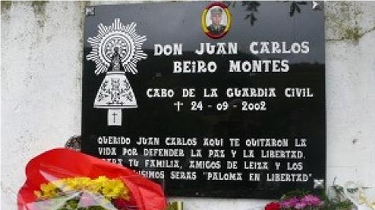 Lápida en honor a Juan Carlos Beiro (víctima de ETA)